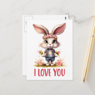 Carte Postale Drôle mignon Valentine Rabbit Rose Je t'aime