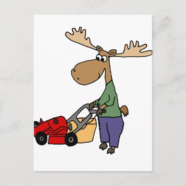Carte Postale Drôle Moose Mowing Lawn Cartoon (Devant)