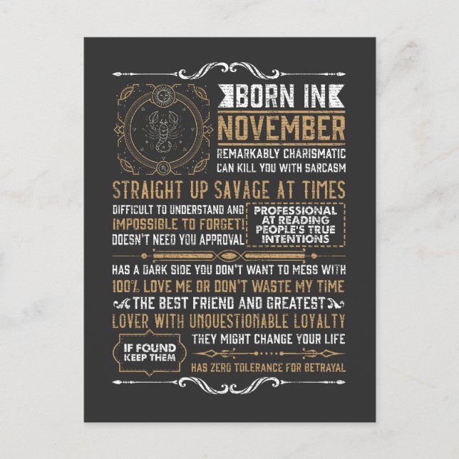 Carte Postale Drôle Né En Novembre Anniversaire Scorpion Zodiaqu (Devant)