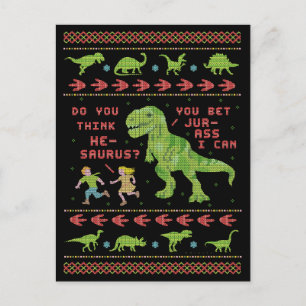 Carte Postale Drôle Noël T Rex Dinosaur Pun Humour Faux Knit