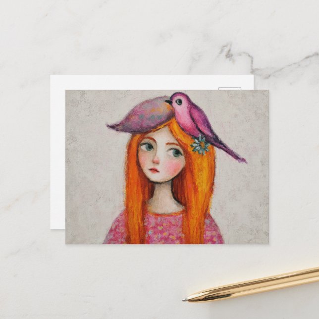 Carte Postale Drôle oiseau rose dans ses cheveux (Devant/Arrière en situation)