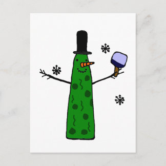 Carte Postale Drôle Pickle Snowman tenant Pickleball Paddle