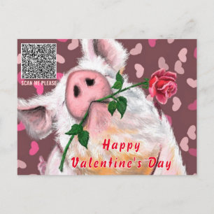 Carte Postale Drôle Pig Valentine's Day Card avec QR Code