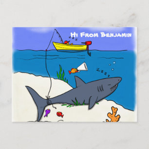 Carte Postale Drôle requin couché et dessin animé de pêche