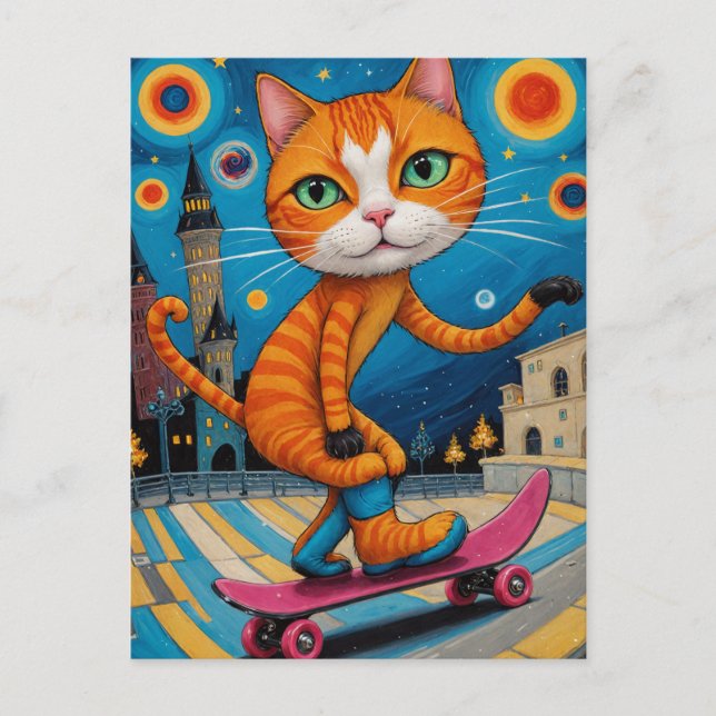 Carte Postale Drôle Skateboard Surreal Ginger Cat (Devant)