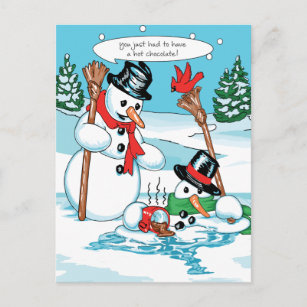 Carte Postale Drôle Snowman avec un dessin au chocolat chaud
