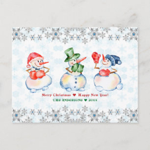 Carte Postale Drôle Snowmen Joyeux Cristaux de Noël Snowflakes