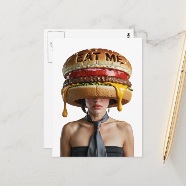 Carte Postale Drôle Surreal Cheesburger Femme (Devant/Arrière en situation)