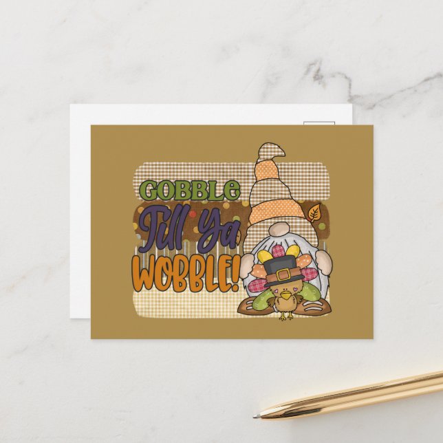 Carte Postale drôle Thanksgiving gobble wobble gnome turkey (Devant/Arrière en situation)