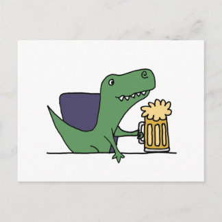 Carte Postale Drôle Vert T-Rex Dinosaure Boire Bière