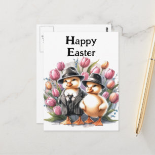 Carte Postale Drôle Vintage Canettes de Pâques en costume Tulipe