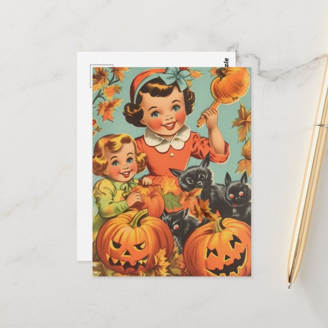 Carte Postale Drôles de filles d'Halloween vintage (Devant/Arrière en situation)