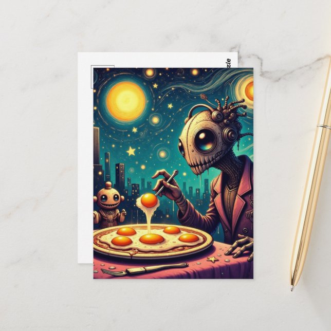 Carte Postale Drôles de robots funky mangeant des œufs frits (Devant/Arrière en situation)