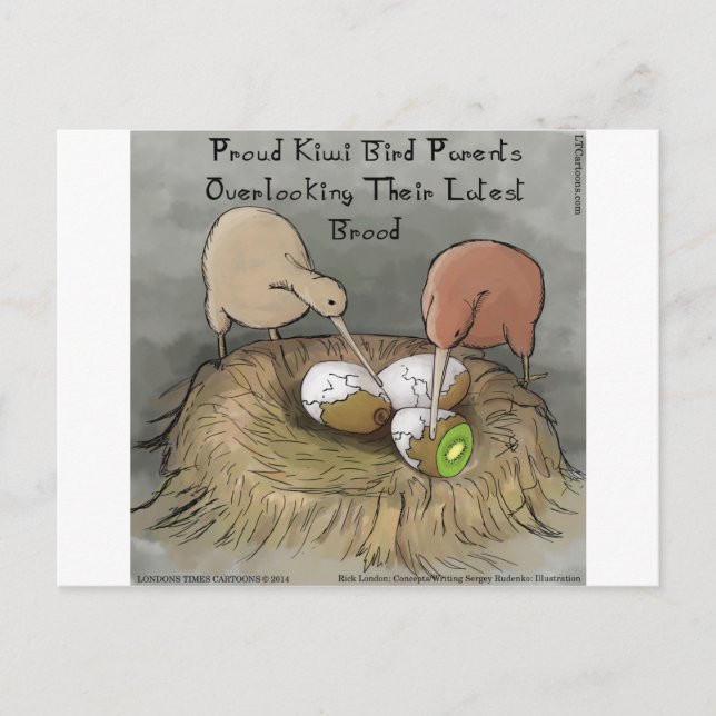Carte Postale Drôles d'oiseaux kiwis prenant soin de leurs fruit (Devant)
