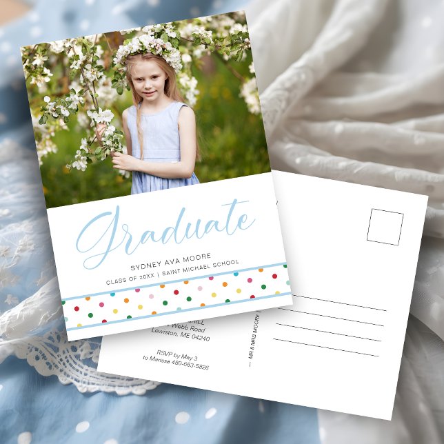 Carte Postale Drôles Petits Points Bleus Photo de Promotion Dipl (Funny Cute Blue Polka Dots Grad Photo Graduation Invitation Card. )
