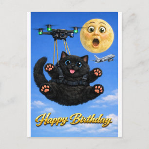 Carte Postale Drone Volant Drôle Gros Chat Noir Joyeux Anniversa