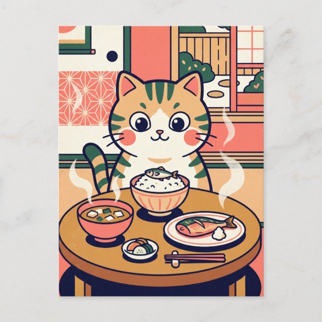 Carte postale du chat au petit-déjeuner (Devant)