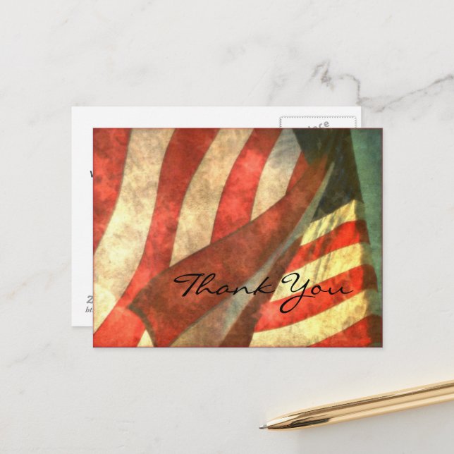Carte postale du drapeau américain et de remerciem (Devant/Arrière en situation)