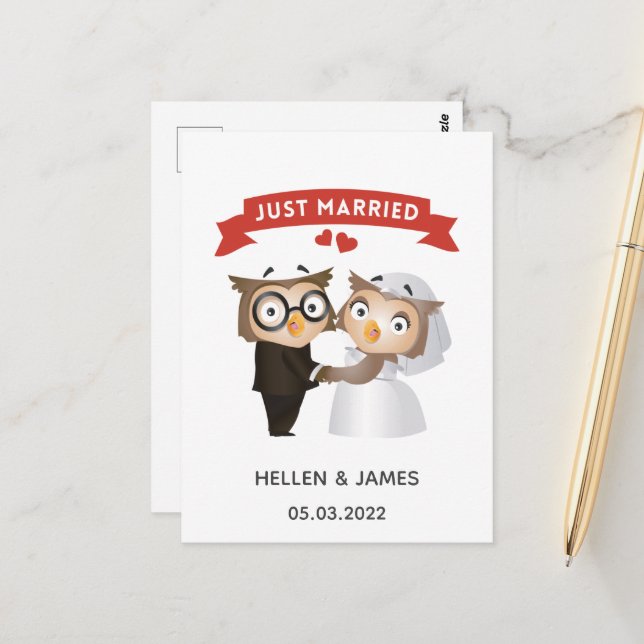 Carte postale du Mariage Owl juste marié (Devant/Arrière en situation)