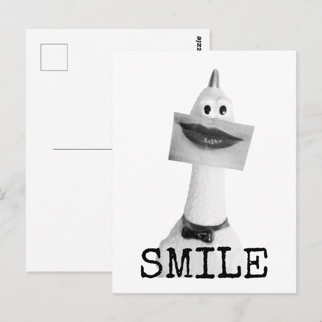 Carte postale du poulet en caoutchouc souriant (Devant / Derrière)