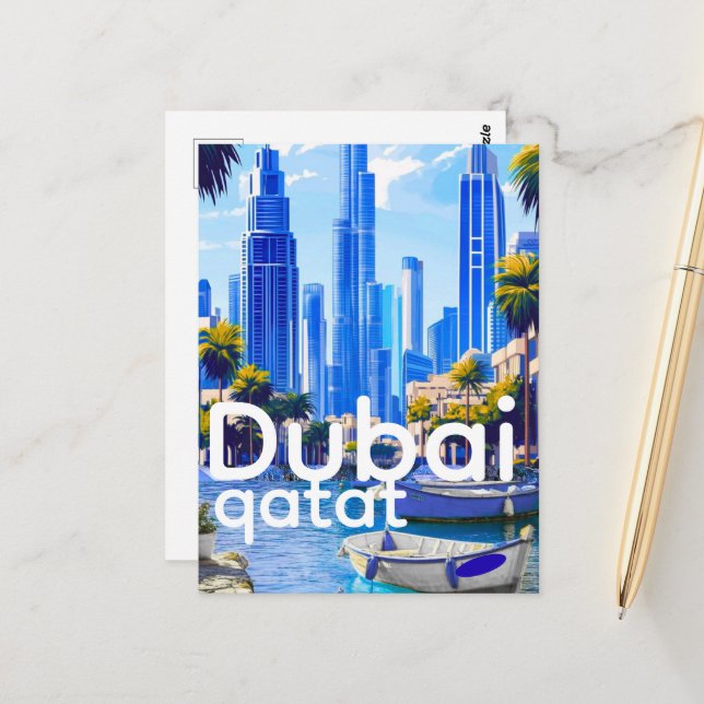 Carte Postale Dubai Skyline Card, Modern City Landmarks (Devant/Arrière en situation)