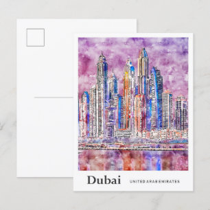 Carte Postale Dubaï UAE Travel Aquarelle main tirée