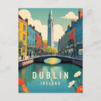 Dublin Irlande Retro Travel Art Floral Tower River
