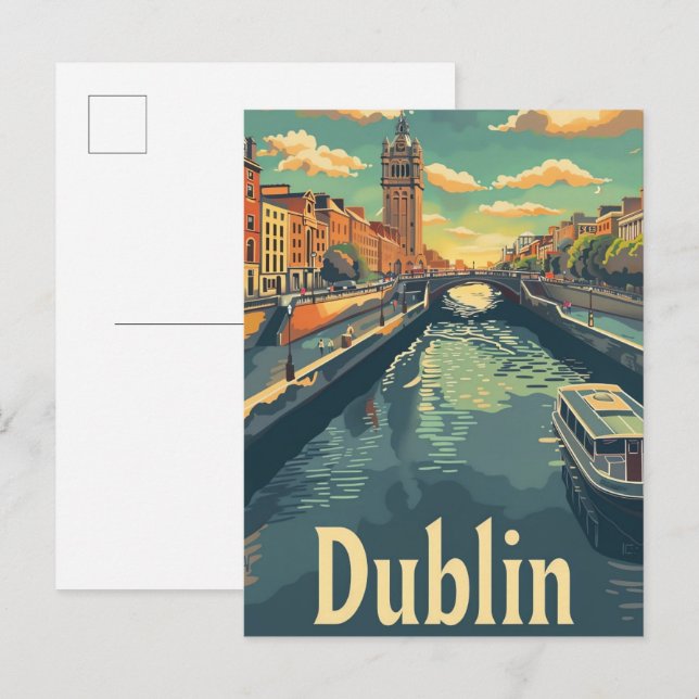Carte Postale Dublin Irlande Vintage Retro Voyage Illustration (Devant / Derrière)