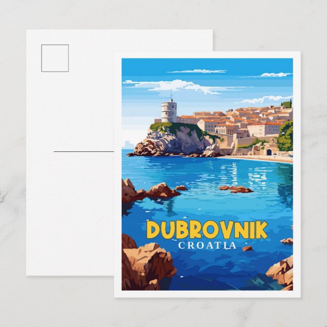 Carte Postale Dubrovnik Croatie illustration de voyage vintage (Devant / Derrière)