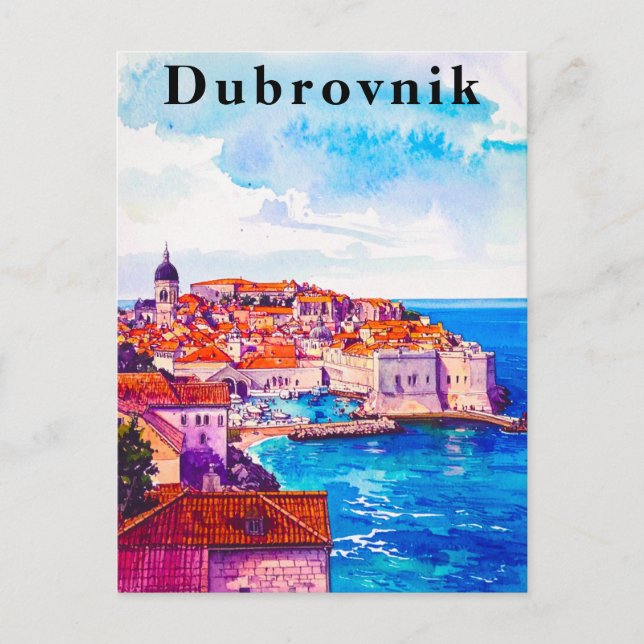 Carte Postale Dubrovnik Rétro Aquarelle Vielle ville Voyage (Devant)