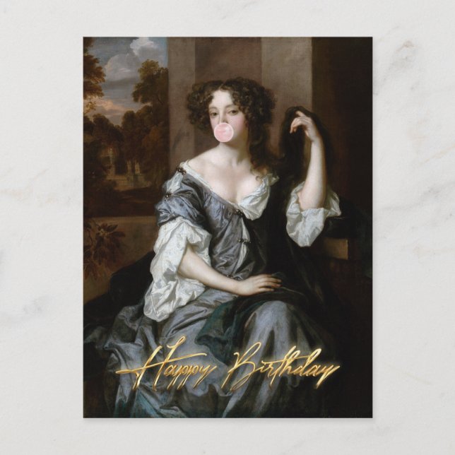 Carte Postale Duchesse soufflant un bubble gum rose Joyeux Anniv (Devant)