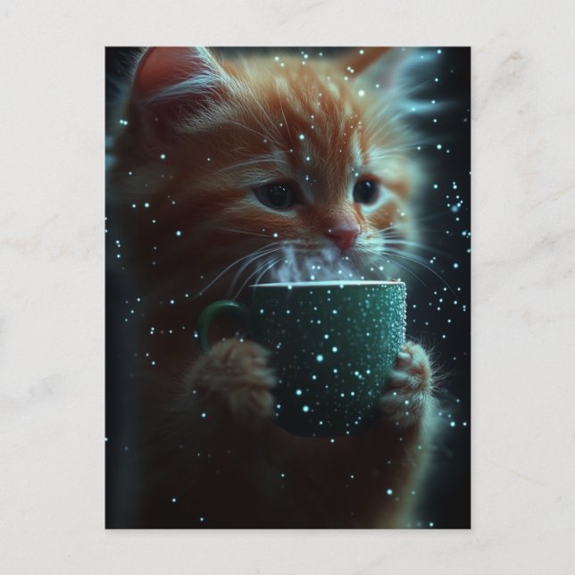 Carte postale d'un adorable chaton buvant du café (Devant)
