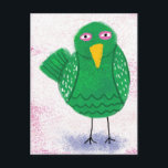 Carte postale d'un oiseau vert drôle<br><div class="desc">Un oiseau vert drôle dans l'art populaire,  style enfantin sur un fond tacheté rose et blanc.</div>