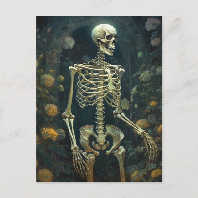 Carte postale d'un squelette humain dans les fleur (Devant)