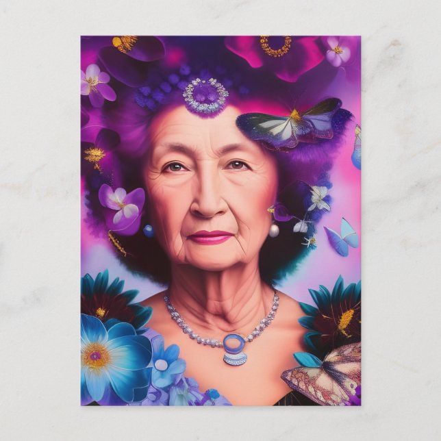 Carte postale d'une femme âgée avec des papillons (Devant)