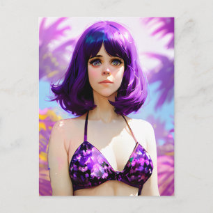 Carte postale d'une femme aux cheveux violets et a