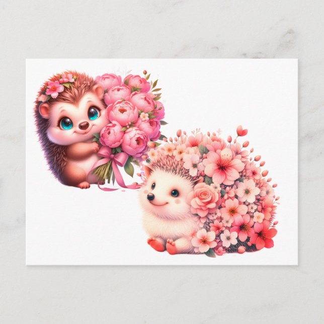 Carte Postale Duo de hérissons floraux romantiques mignons Illus (Devant)