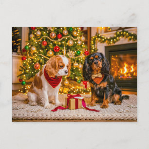 Carte Postale Duo de Spaniel au sapin de Noël cosy