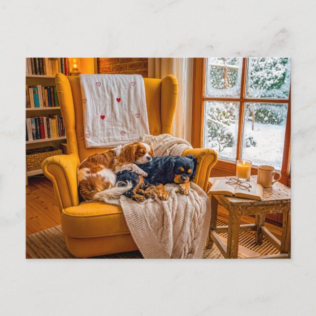 Carte Postale Duo de Spaniel dans un fauteuil d'hiver cosy (Devant)