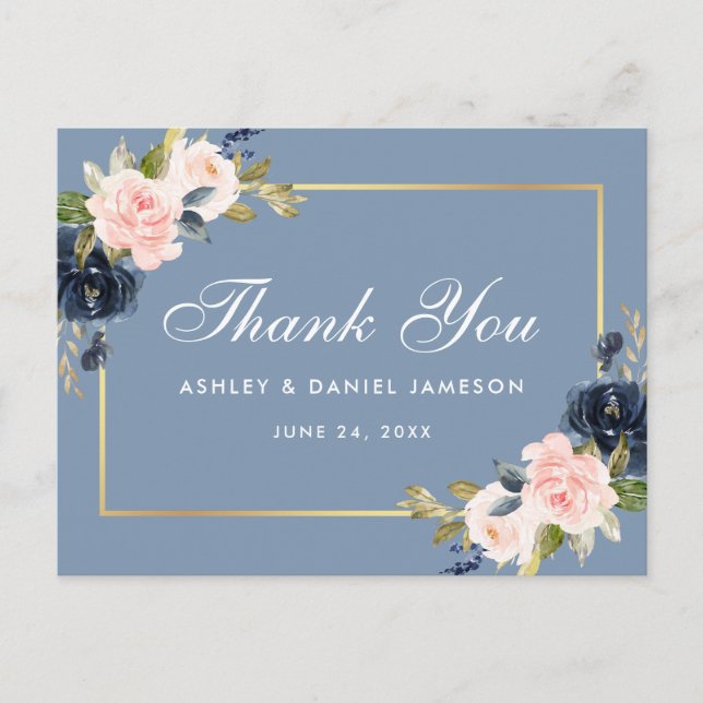 Carte Postale Dusty bleu rose Floral Mariage or Merci (Devant)
