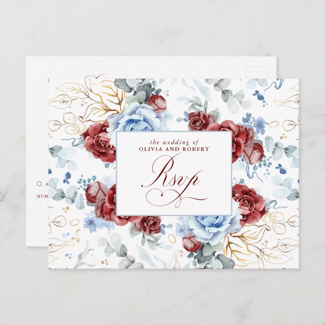 Carte Postale Dusty Blue and Burgundy Red Wedding RSVP Postcard (Devant / Derrière)