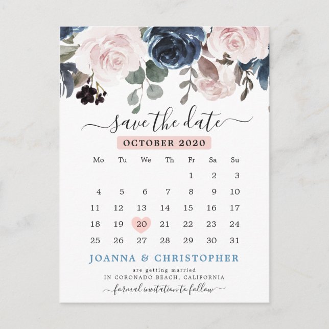 Carte Postale Dusty Blue Blush rose floral Enregistrer la date (Devant)