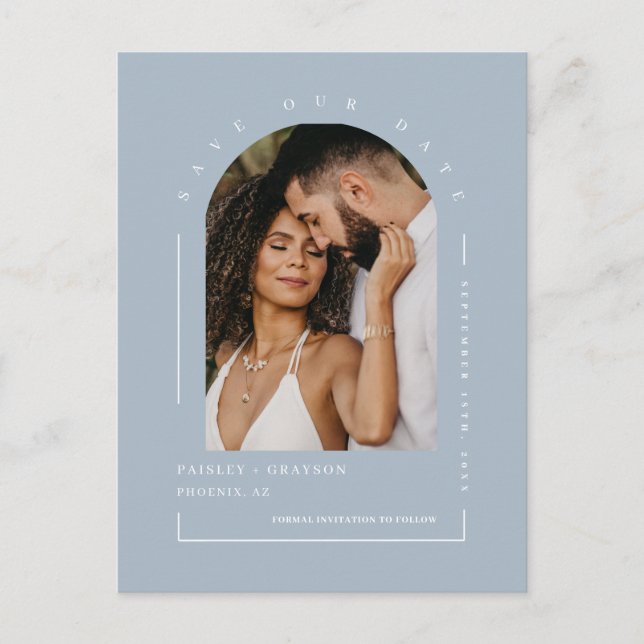 Carte Postale Dusty Blue Boho Arch Photo QR Code Enregistrer not (Devant)