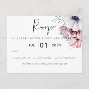 Carte Postale Dusty Blue Coral Floral Script Mariage RSVP Budget