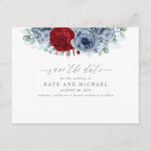 Carte Postale Dusty Blue et Burgundy Red Floral Enregistrer la d