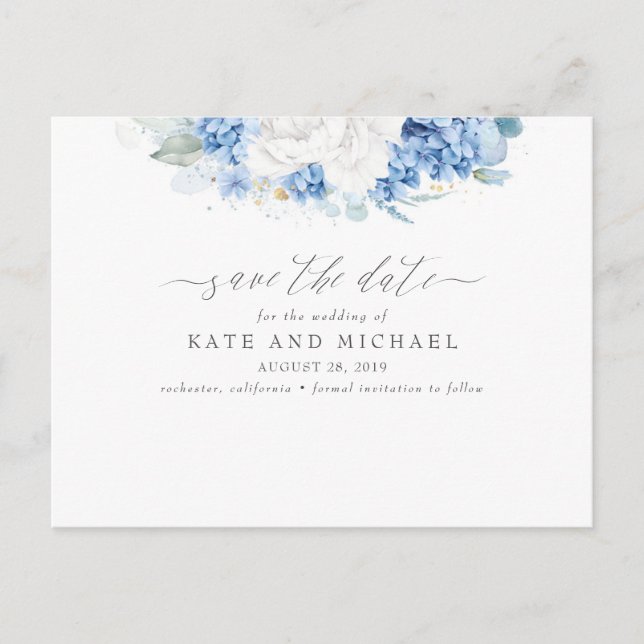 Carte Postale Dusty Blue et Fleurs Blanches Save the Date (Devant)