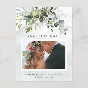 Carte Postale Dusty Blue Greenery Photo Wedding Enregistrer la d
