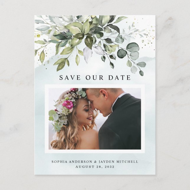Carte Postale Dusty Blue Greenery Photo Wedding Enregistrer la d (Devant)