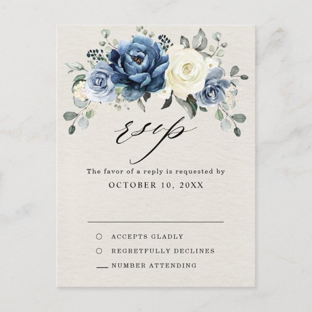 Carte Postale Dusty Blue Marine Champagne Ivory Wedding RSVP Pos (Devant)