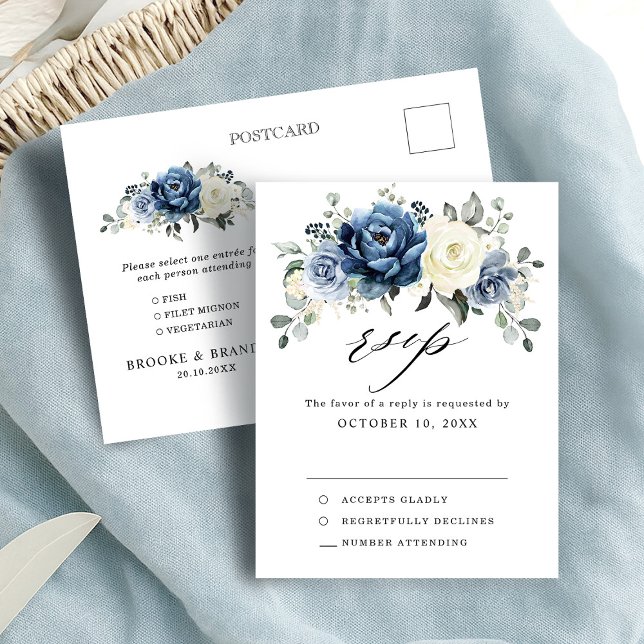 Carte Postale Dusty Blue Marine Champagne Ivory Wedding RSVP Pos (Dusty Blue Navy Champagne Ivory Wedding RSVP Postcard with meal choice )